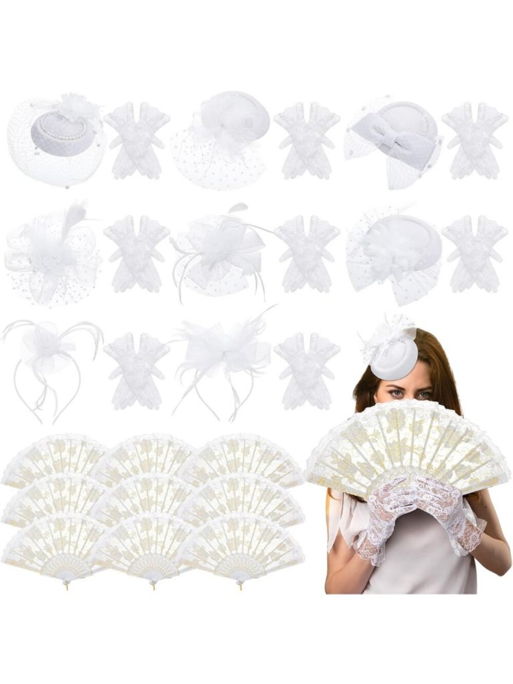 27 Pcs Women's Tea Party Set - White Hats, Lace Gloves & Folding Fans for Events